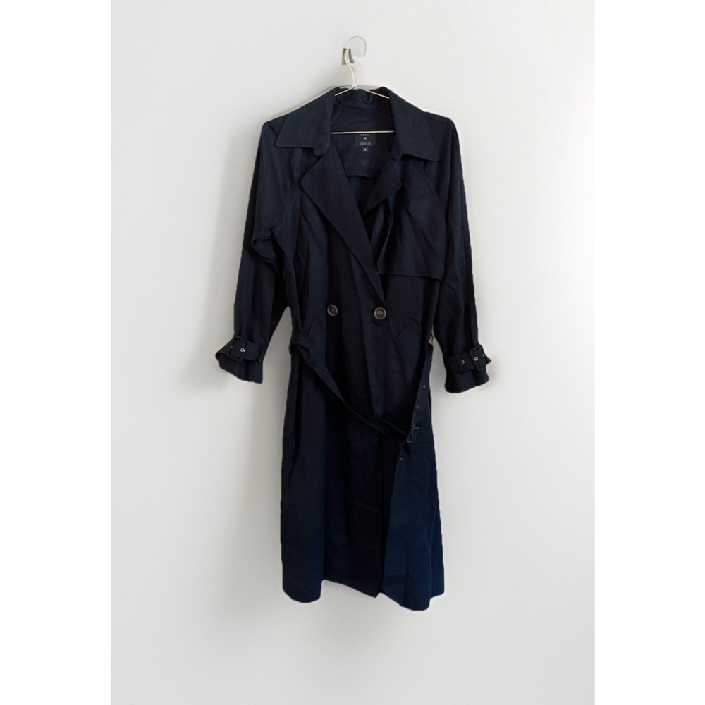 Mason Trench‎ Coat Women’s Size 2 Navy Blue Tencel And Silk Belted
